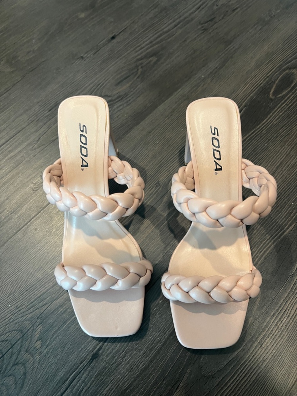 Soda Braided Double-Strap Heeled Slides — Light Blush